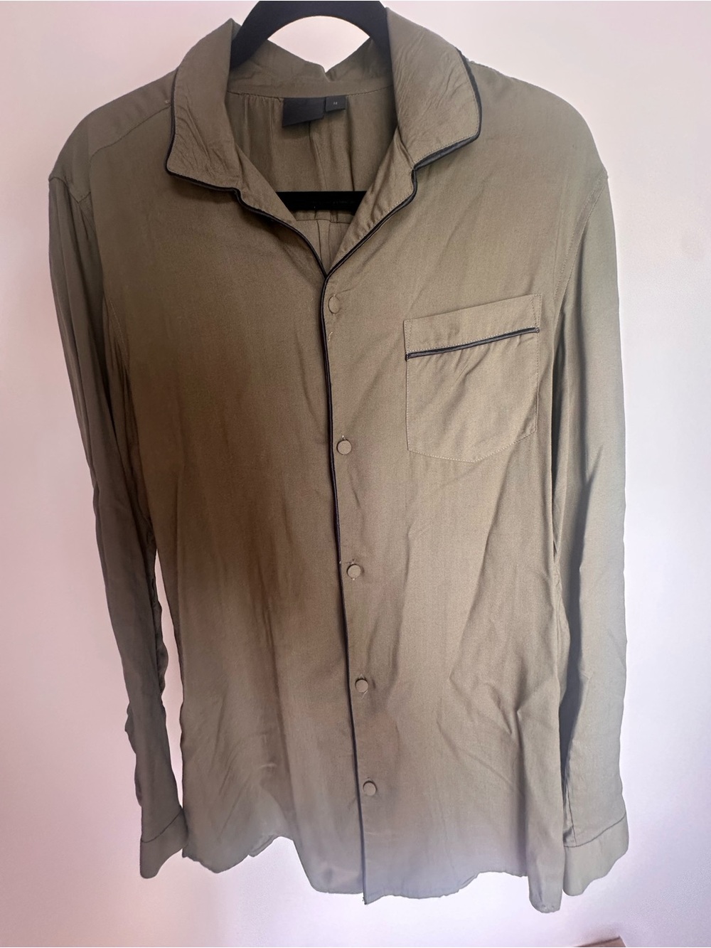 ASOS Olive Green Long-Sleeve Button-Down Shirt with Contrast Piping